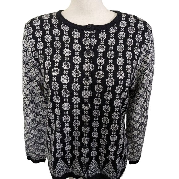 Vintage Cabi Cardigan Sweater Wool Blend Womens Large Black White Floral Button - Picture 2 of 6
